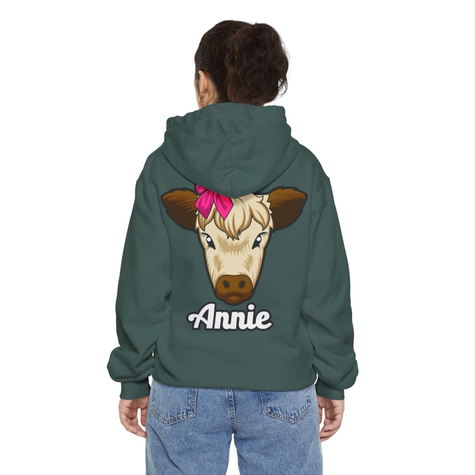 Unisex hoodie featuring "Annie the Cow" design, perfect for farm animal lovers.