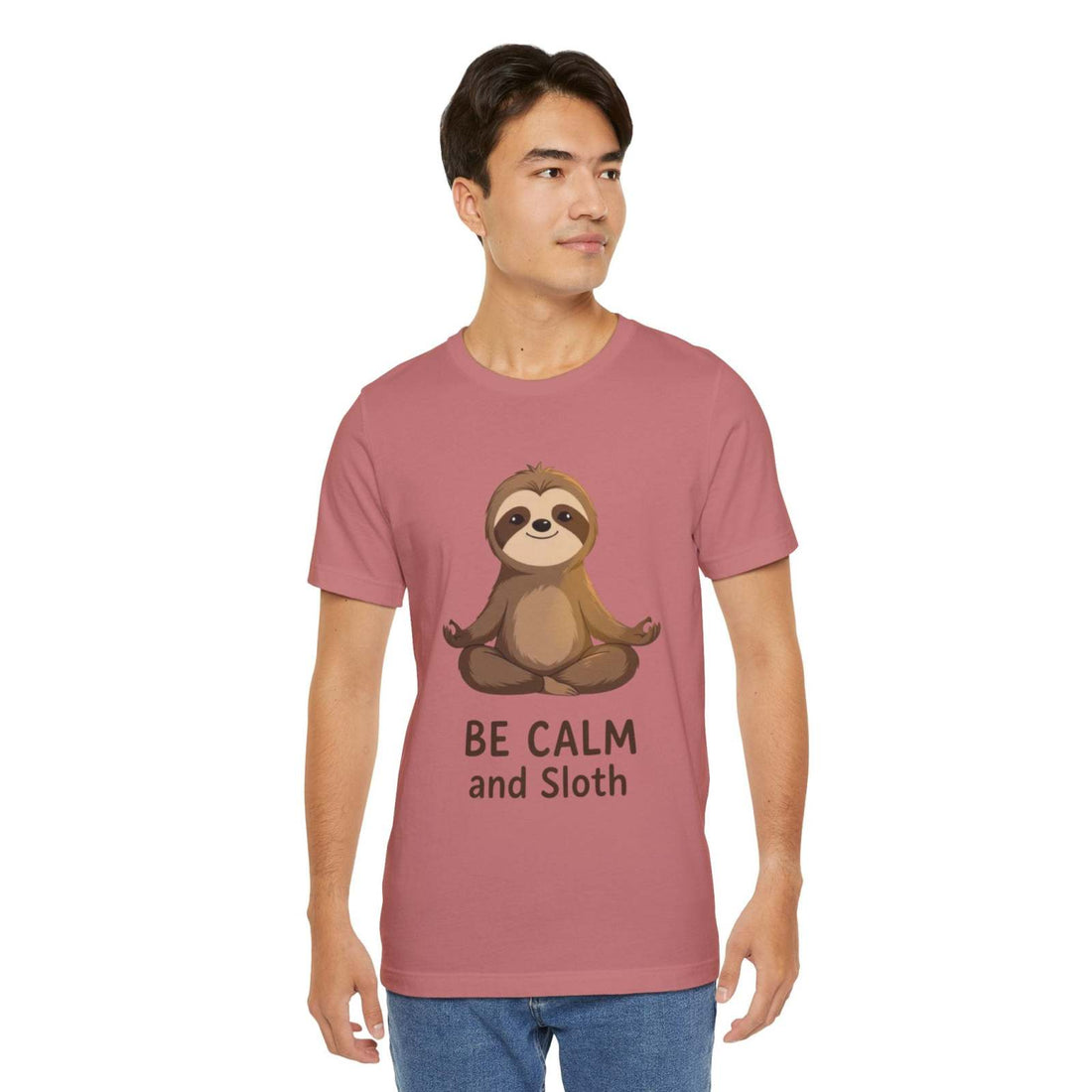 Unisex sloth t-shirt with "Be Calm and Sloth" graphic, comfortable casual wear