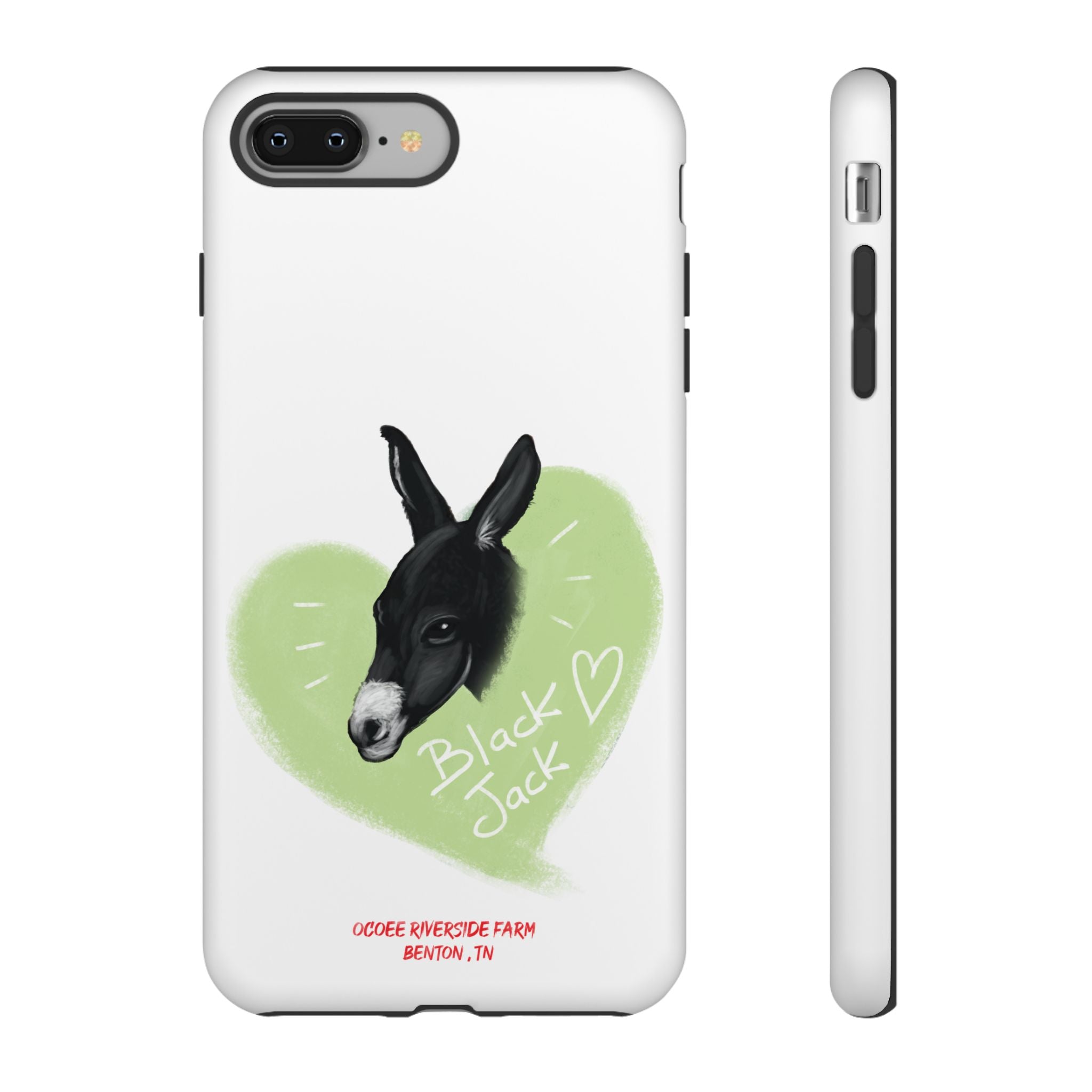 A donkey featuring the words "Black Jack" prominently displayed on its side at Ocoee Riverside Farm Phone Case