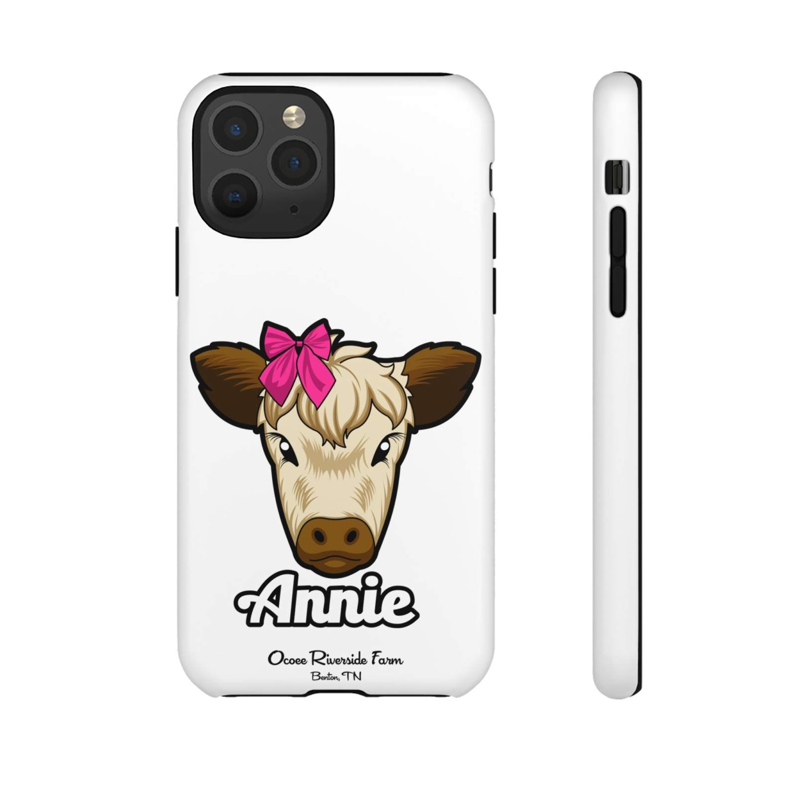 Cute Annie the Cow phone case with red bow, perfect farm animal lover gift.