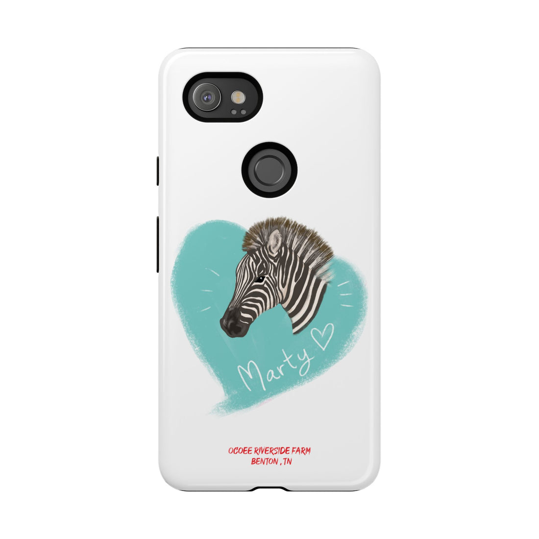 A zebra adorned with the word "Marty" creatively integrated into its stripes at Ocoee Riverside Farm Phone Case