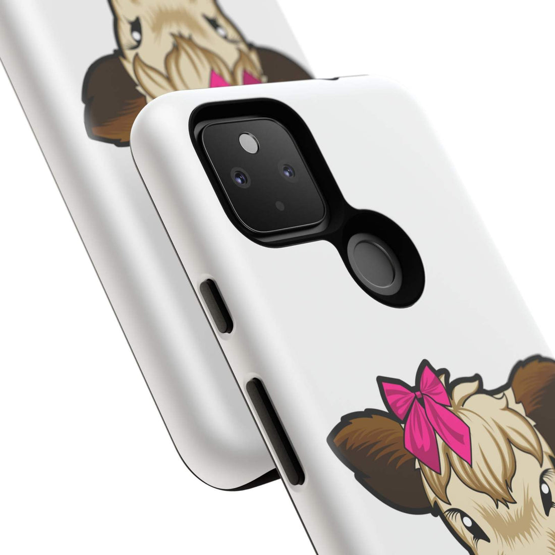 Cute cow phone case with red bow, ideal farm animal lover gift.