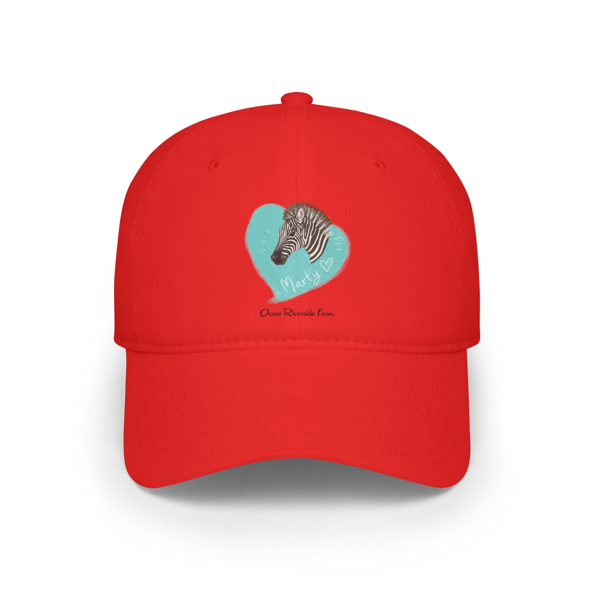 A zebra adorned with the word "Marty" creatively integrated into its stripes at Ocoee Riverside Farm Baseball Cap - for Outdoor Adventures