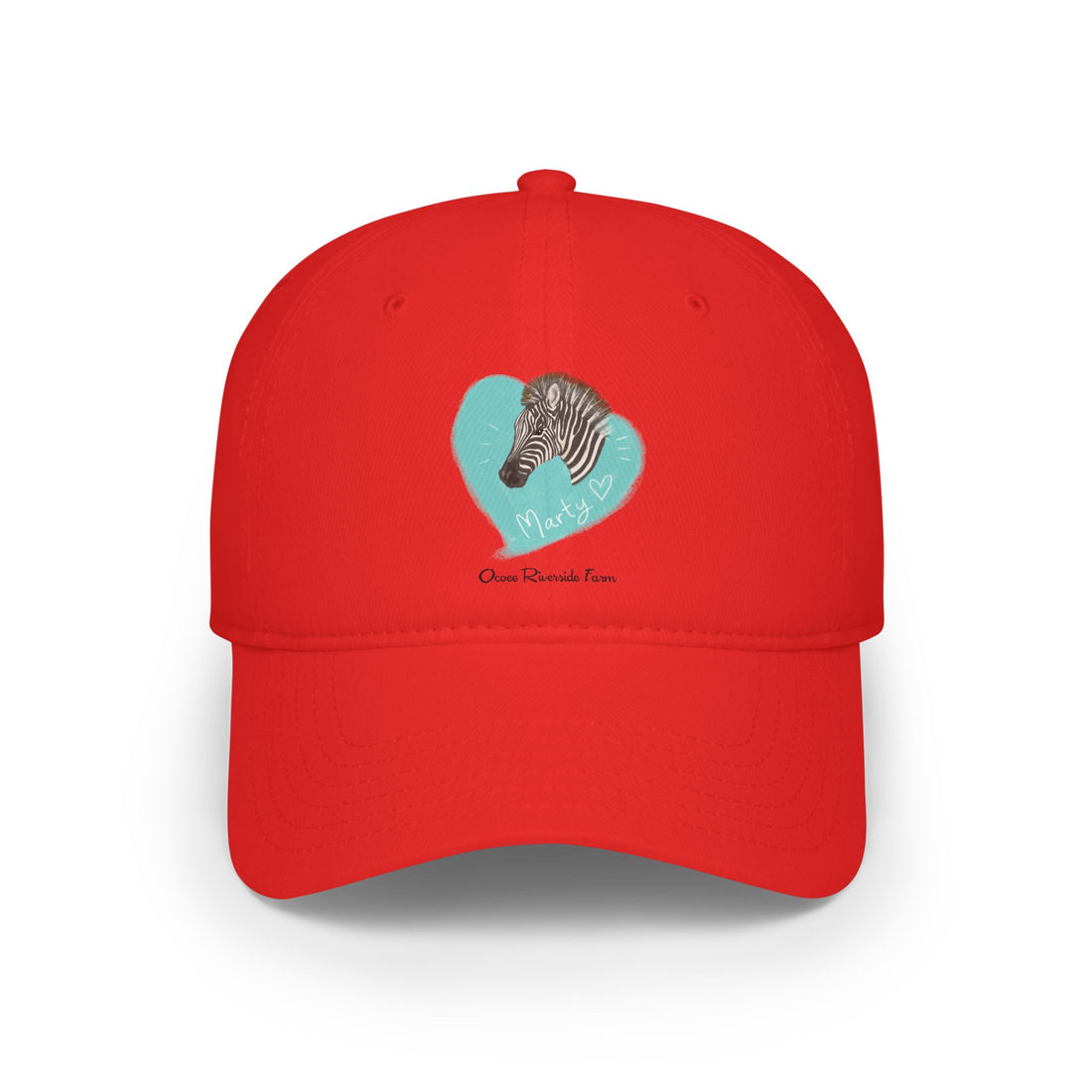 A zebra adorned with the word "Marty" creatively integrated into its stripes at Ocoee Riverside Farm Baseball Cap - for Outdoor Adventures