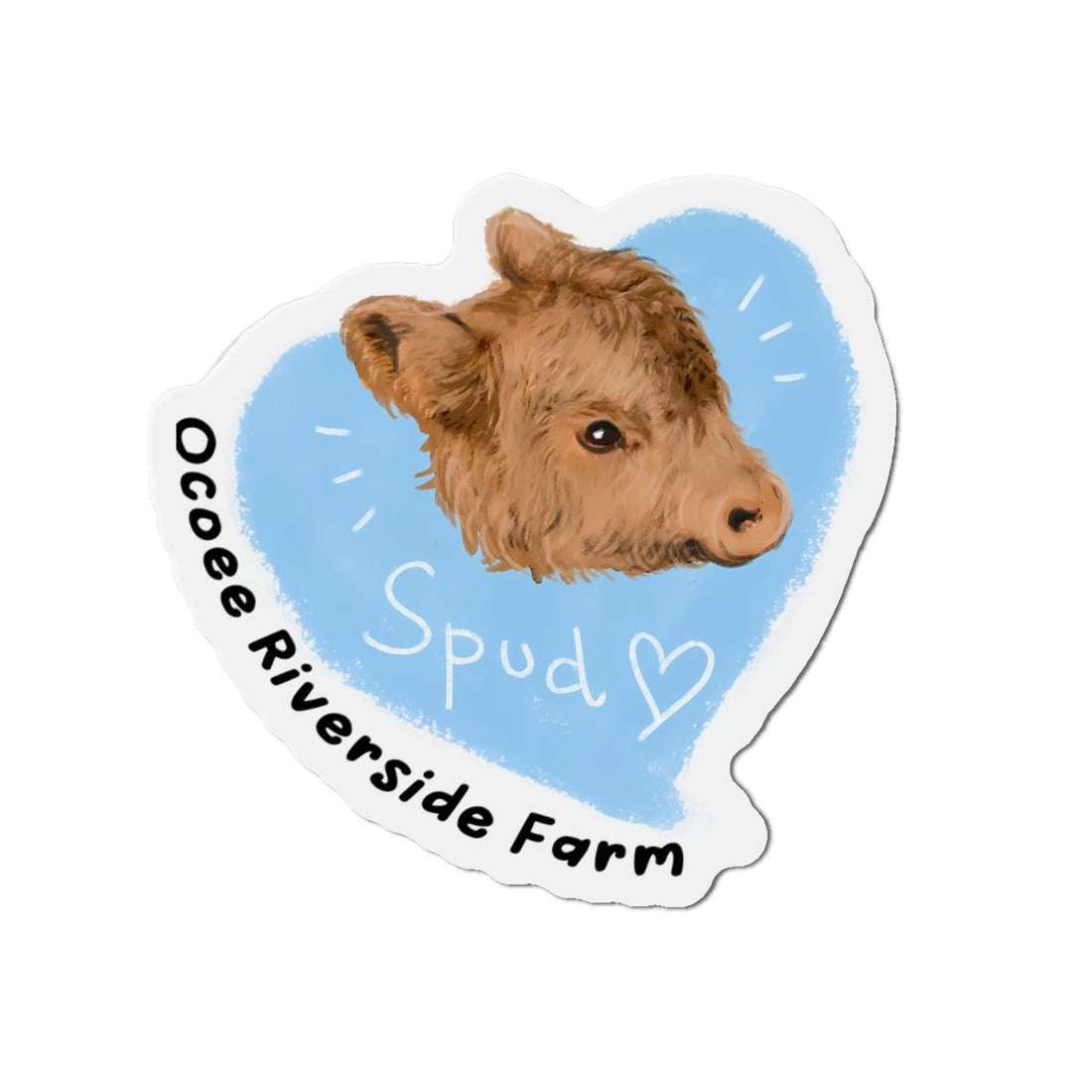 Farm Animal Decor Magnet featuring a charming cow head illustration on a blue heart background with "Spud" and "Ocoee Riverside Farm" text