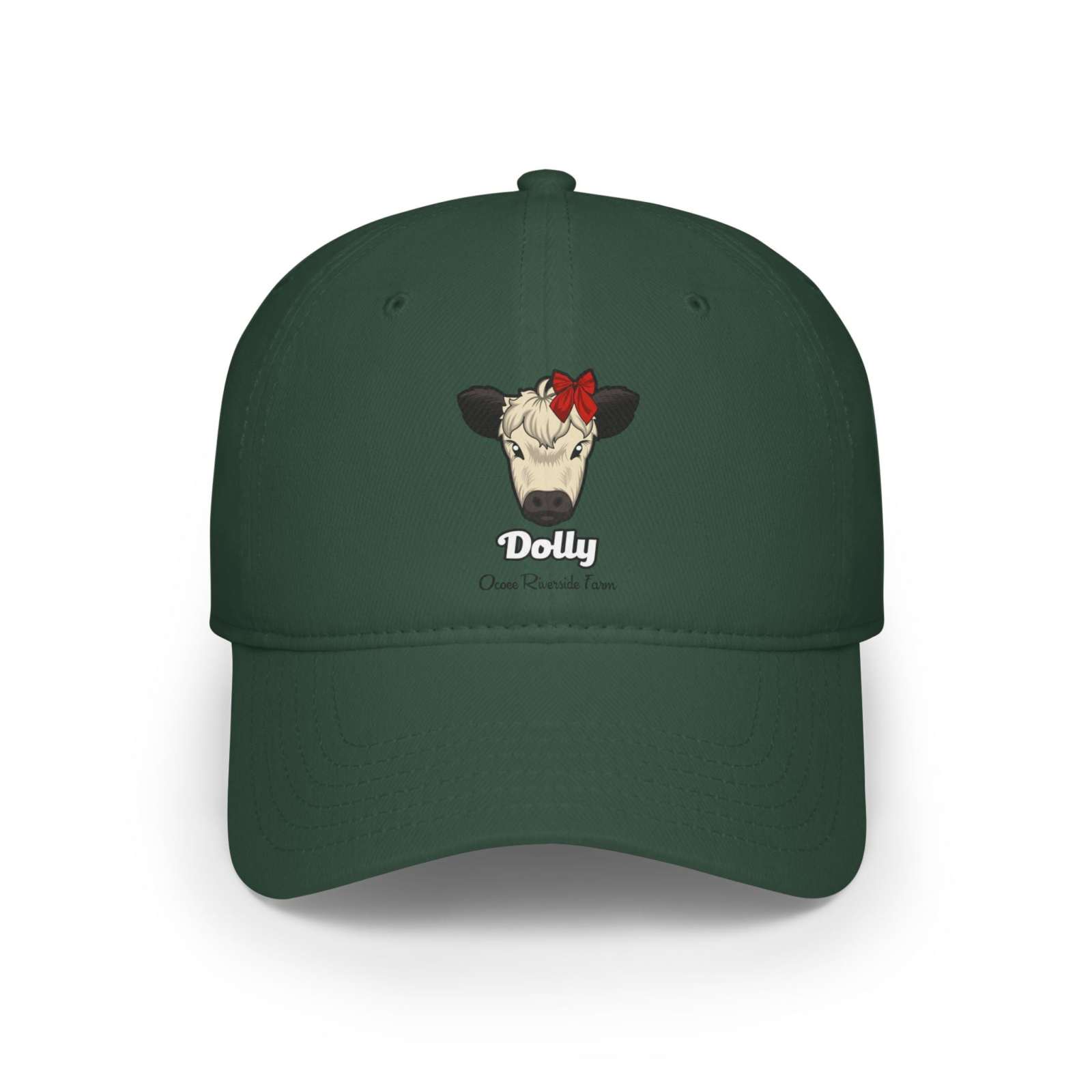 Dark green baseball cap featuring a cow named Dolly with a red bow on its head embroidered on the front.