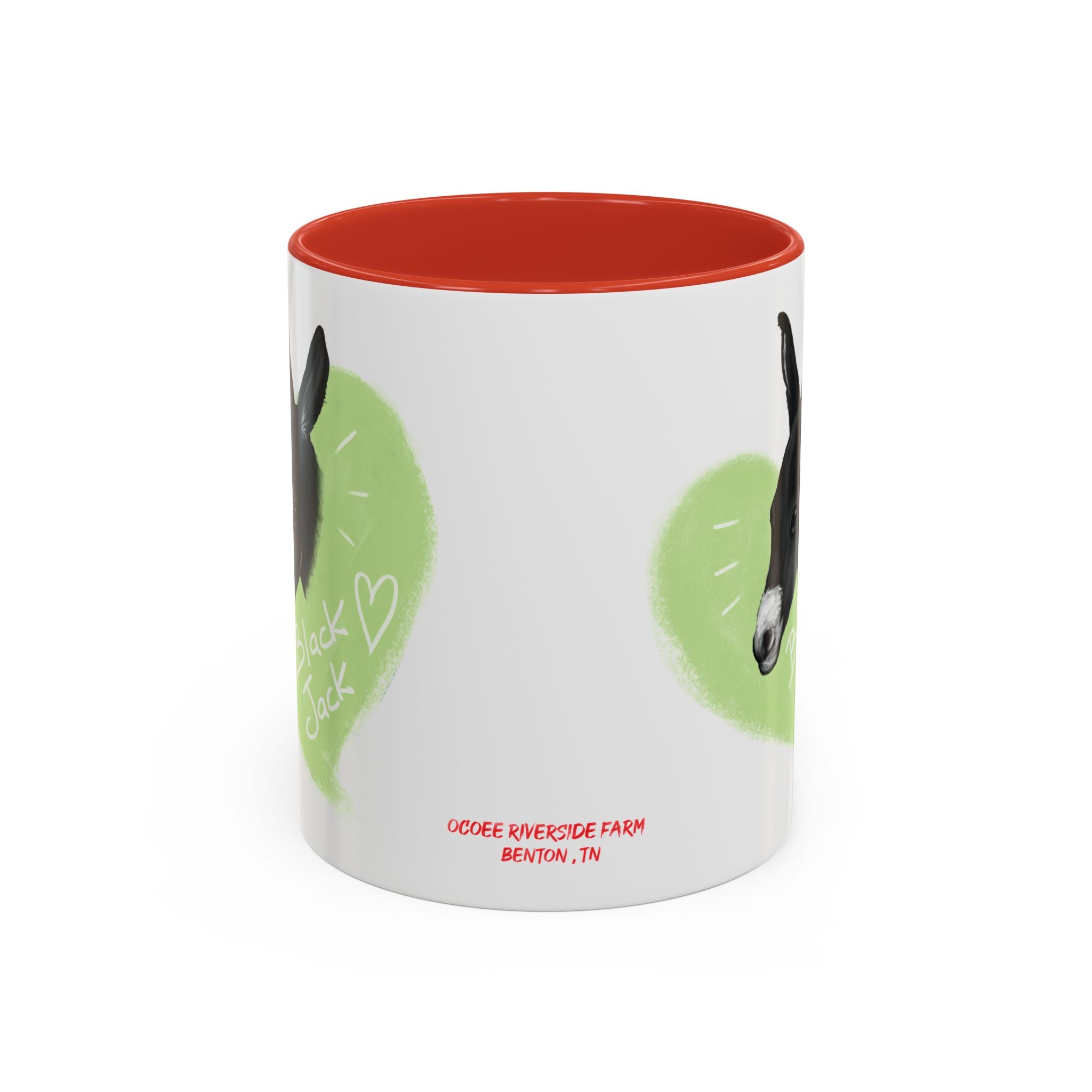 A donkey featuring the words "Black Jack" prominently displayed on its side at Ocoee Riverside Farm Coffee Mug