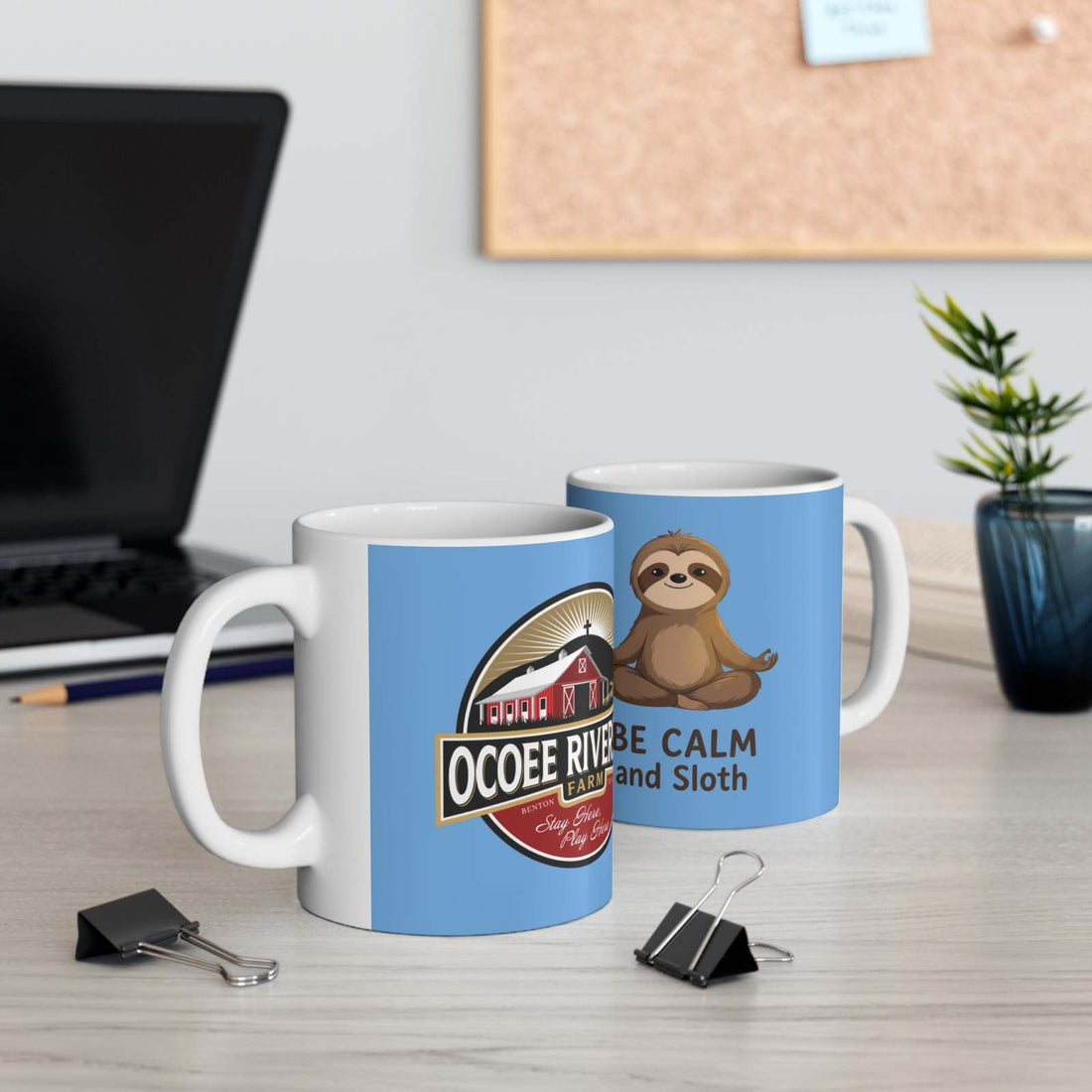 Be Calm and Sloth Mug with cute sloth graphic and Ocoee River Farm logo on glossy ceramic coffee cup