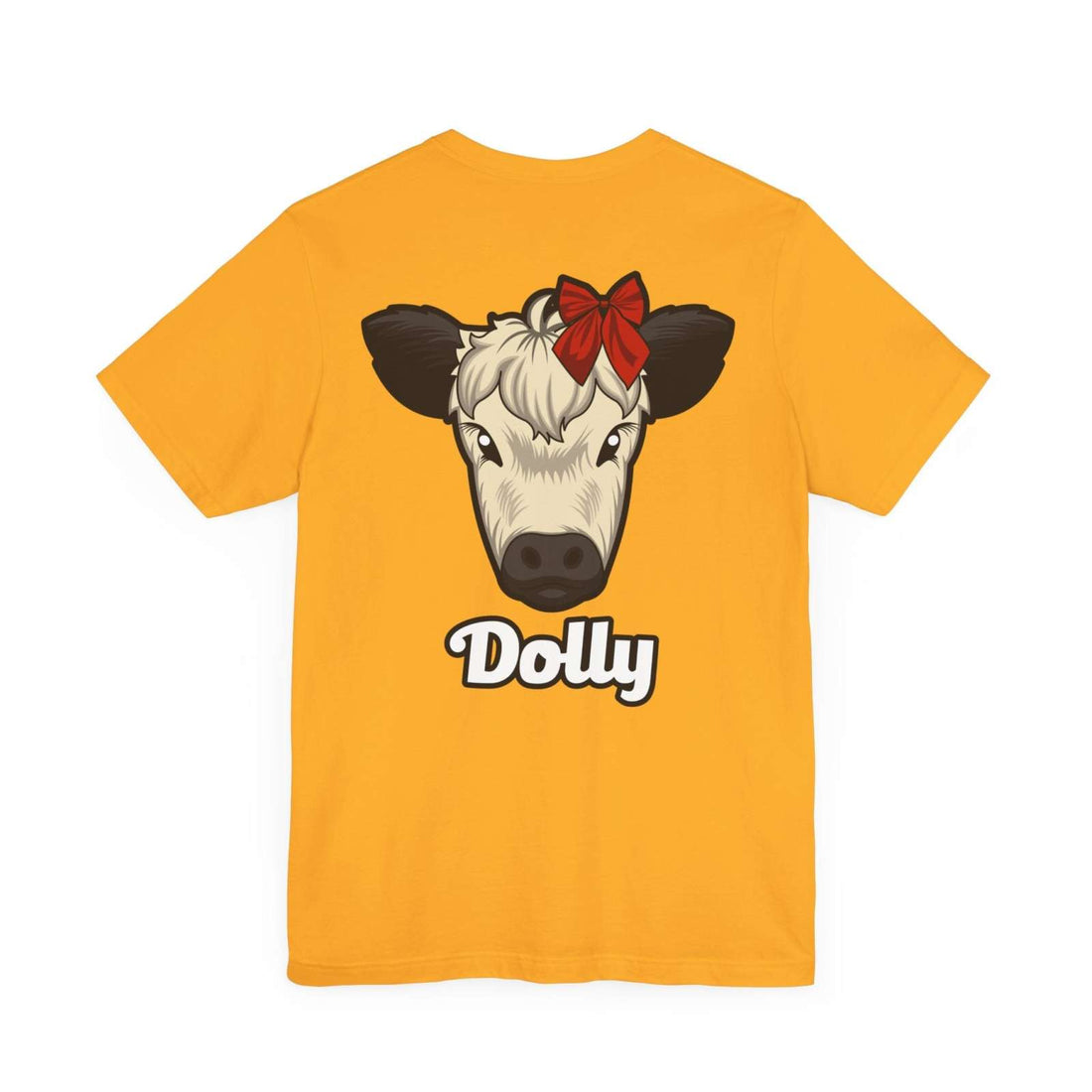 Yellow Country Cow Graphic Tee with Dolly cow face and red bow design