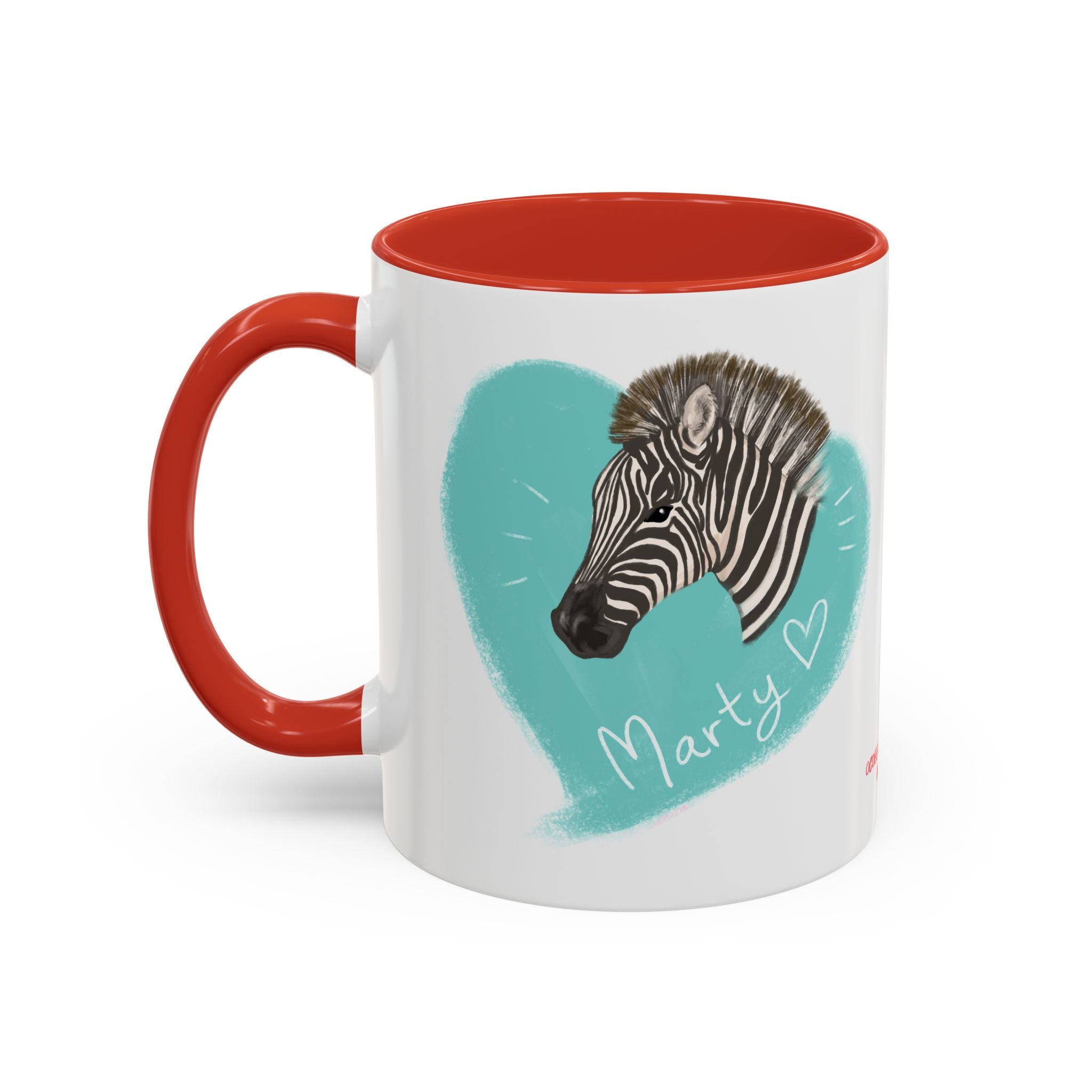 A zebra adorned with the word "Marty" creatively integrated into its stripes at Ocoee Riverside Farm Coffee Mug