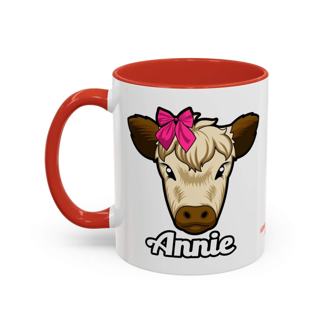 Farmhouse cow coffee mug with a cow illustration and red bow, high-quality ceramic, Ocoee Riverside.