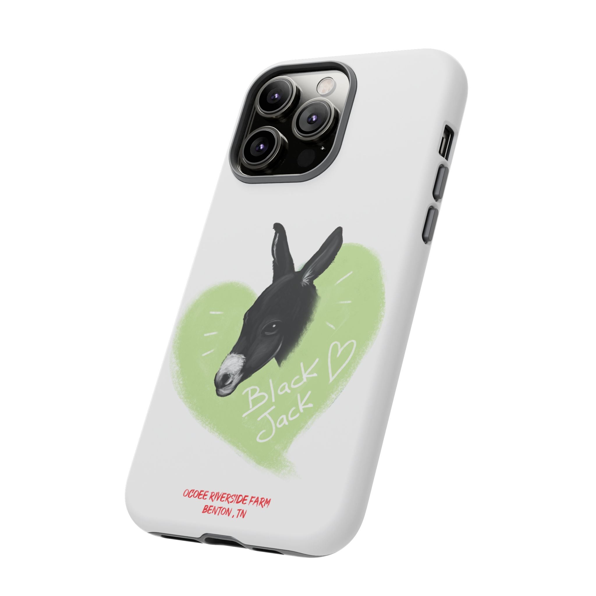 A donkey featuring the words "Black Jack" prominently displayed on its side at Ocoee Riverside Farm Phone Case