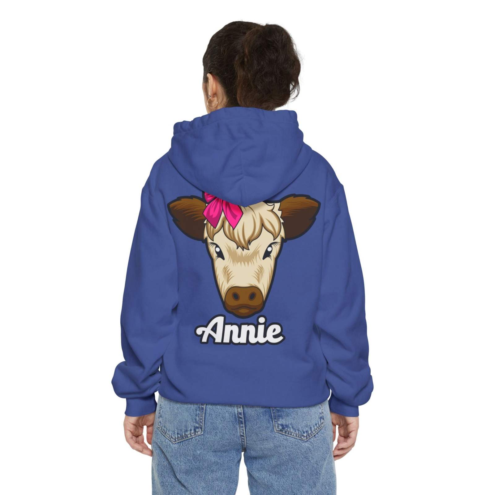 Unisex hoodie with Annie the Cow print, perfect for farm animal lovers.
