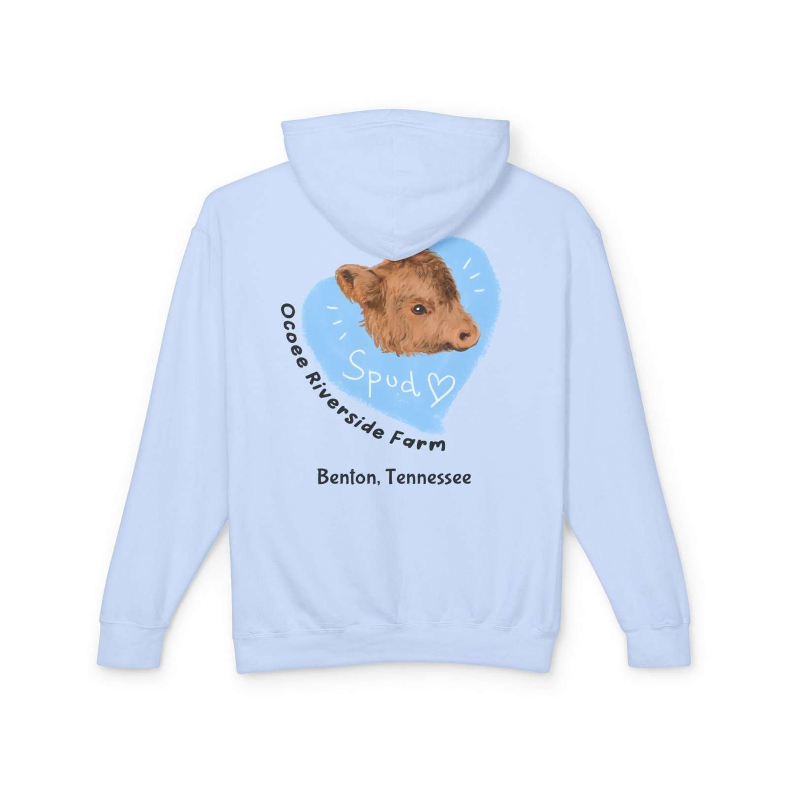 Light blue Cute Cow Lightweight Hoodie featuring a cow illustration and Ocoee Riverside Farm text, cozy unisex sweatshirt