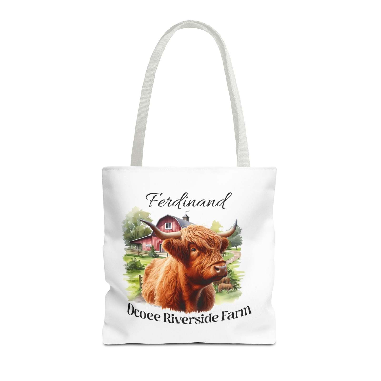 Ferdinand Scottish Highland Tote Bag featuring a Highland cow design with Ocoee Riverside Farm text, eco-friendly shopping bag with sturdy handles.