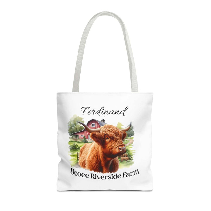 Ferdinand Scottish Highland Tote Bag featuring a Highland cow design with Ocoee Riverside Farm text, eco-friendly shopping bag with sturdy handles.