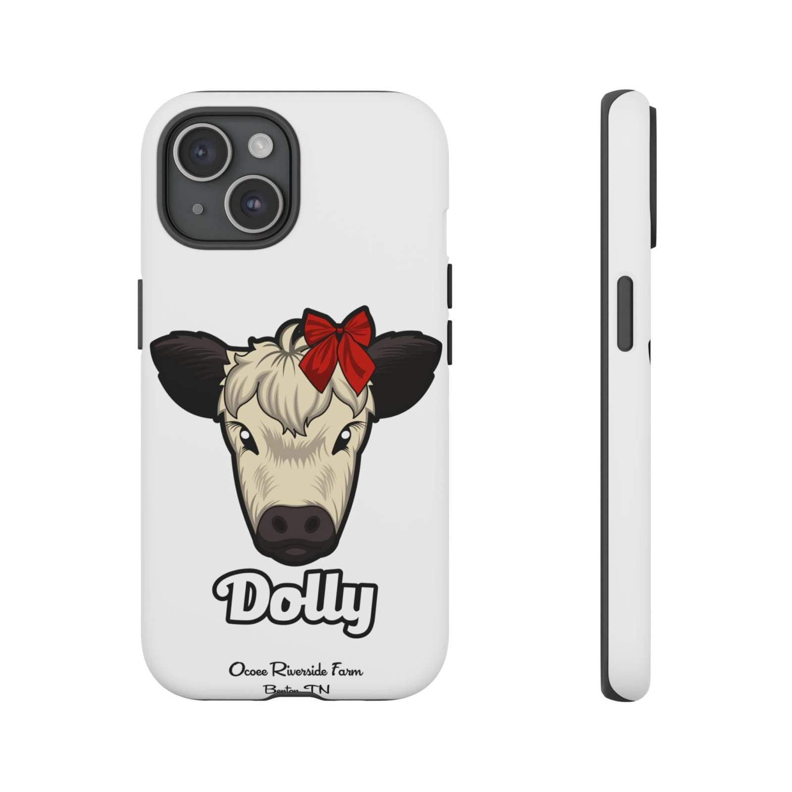 Farmhouse Chic Phone Case featuring Dolly the cow with a red bow, protective and stylish farmhouse design.