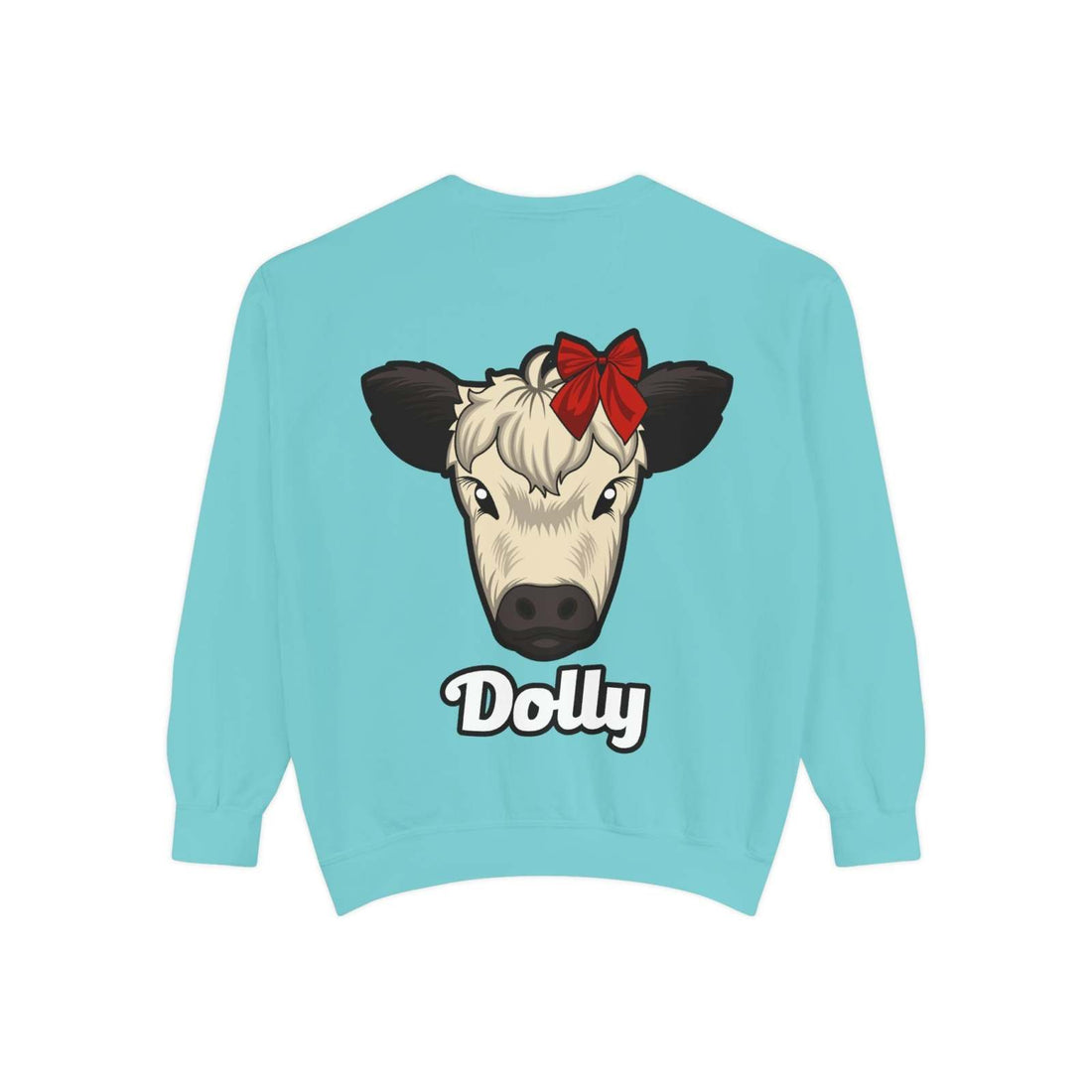 Farmhouse cow sweatshirt with Dolly the red bow cow design on light blue fabric.