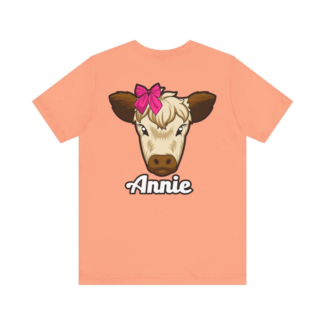 Farm Life T-Shirt featuring Annie the Cow with red bow on back design.