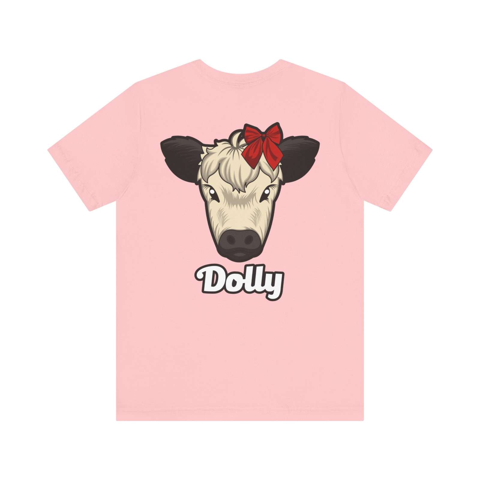 Pink Country Cow Graphic Tee featuring a cow named Dolly with a red bow and text design
