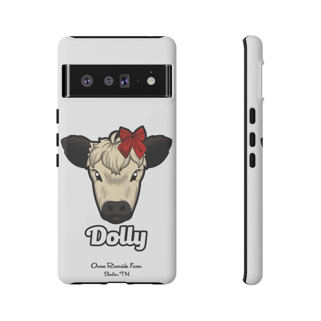 Farmhouse Chic Phone Case featuring Dolly the cow with a red bow, durable and protective rustic design