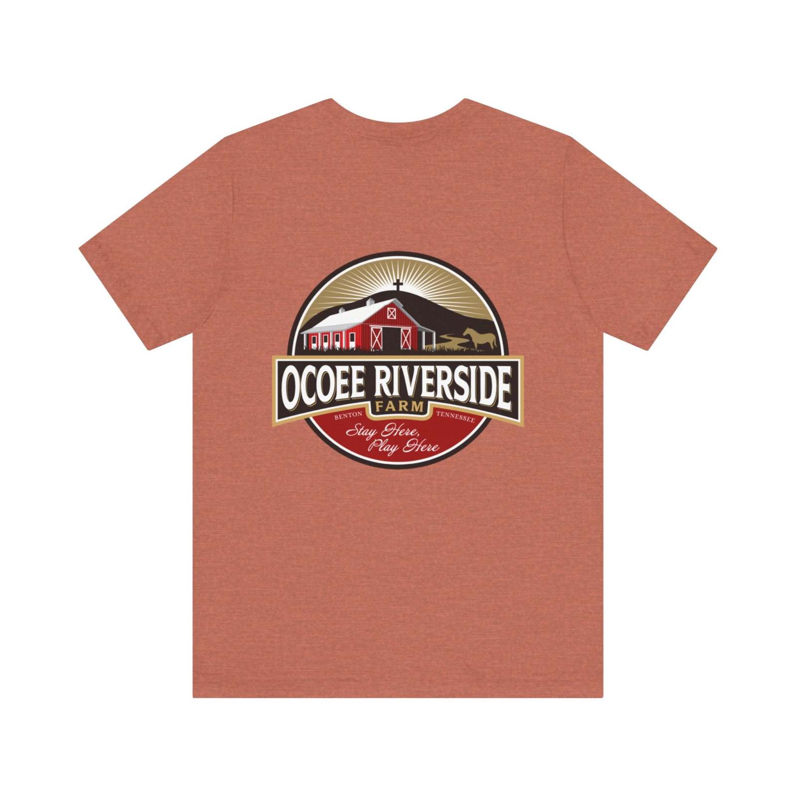 Back view of rust-colored unisex t-shirt featuring Ocoee Riverside Farm logo with barn and horse illustration