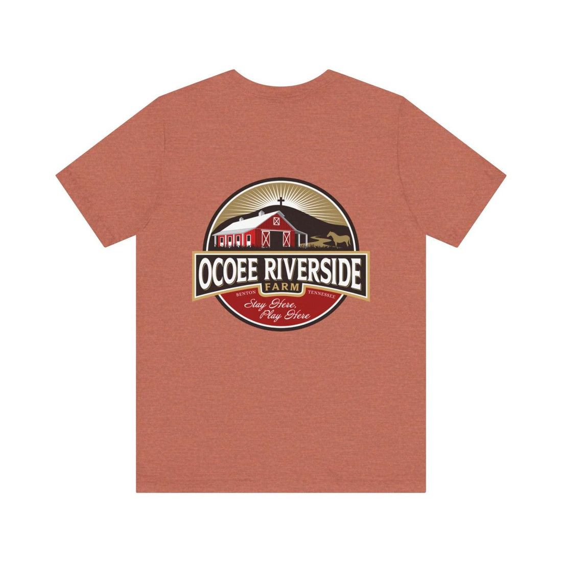 Back view of rust-colored unisex t-shirt featuring Ocoee Riverside Farm logo with barn and horse illustration