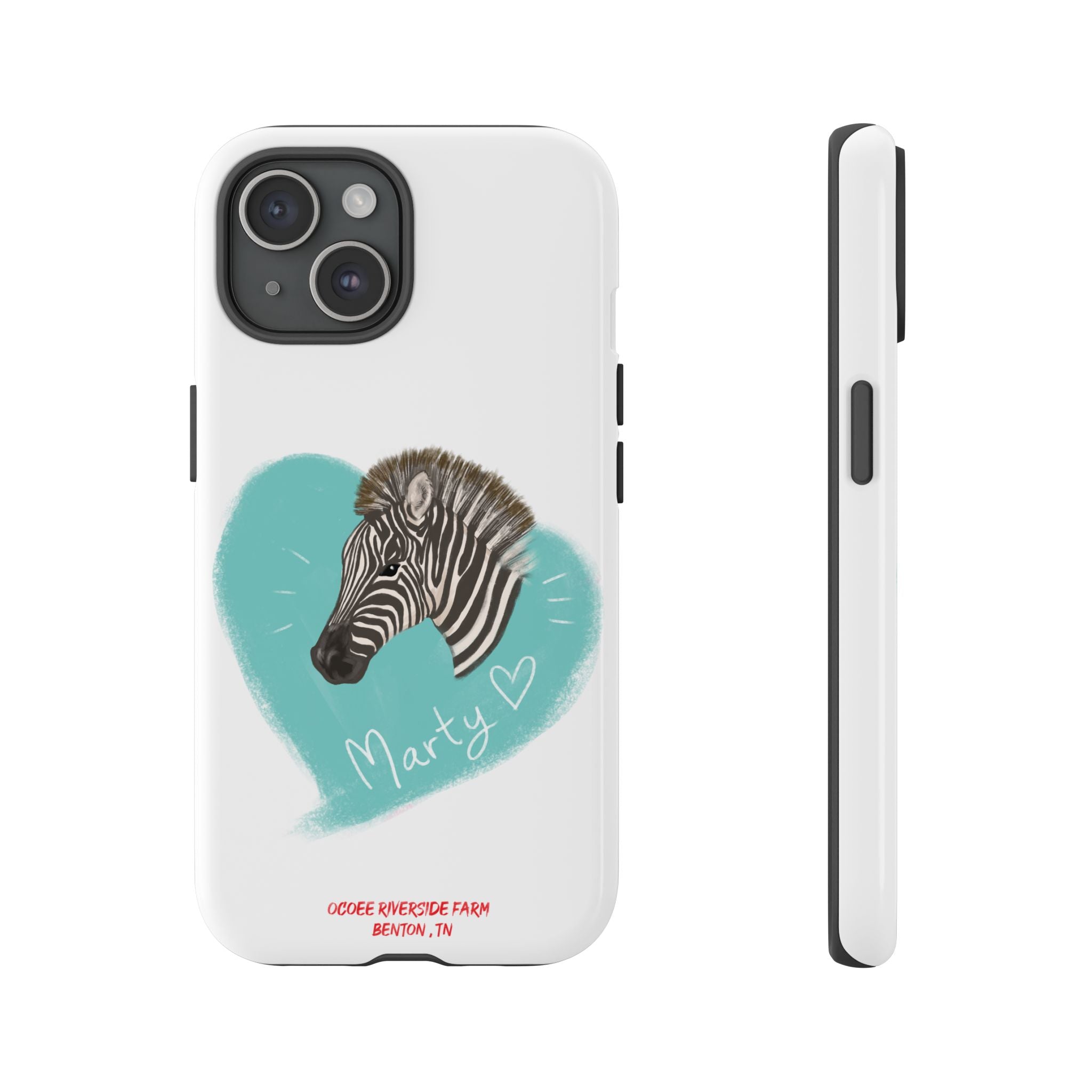 A zebra adorned with the word "Marty" creatively integrated into its stripes at Ocoee Riverside Farm Phone Case