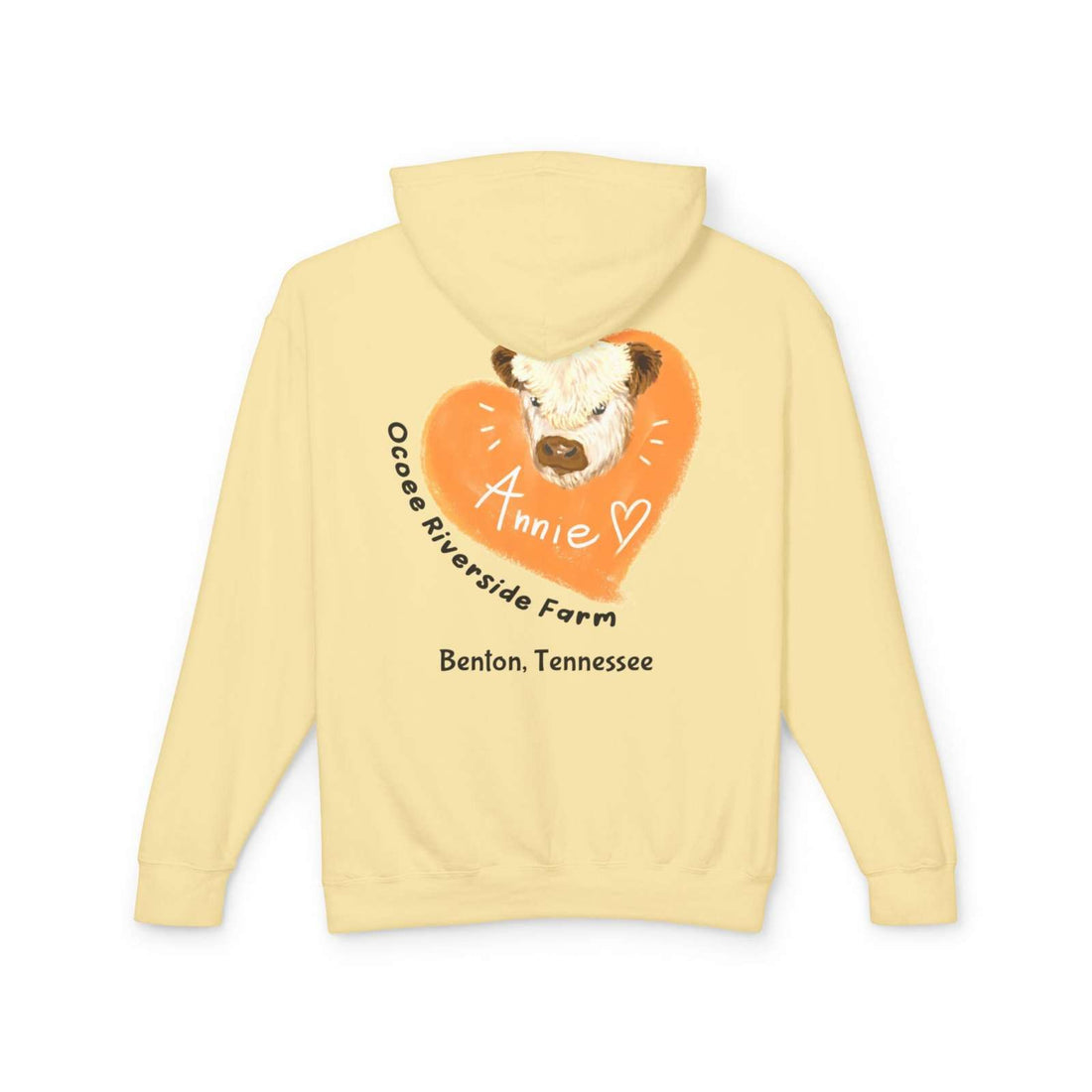 Unisex hooded sweatshirt in light yellow with adorable cow design and text "Ocoee Riverside Farm, Annie, Benton, Tennessee" on the back