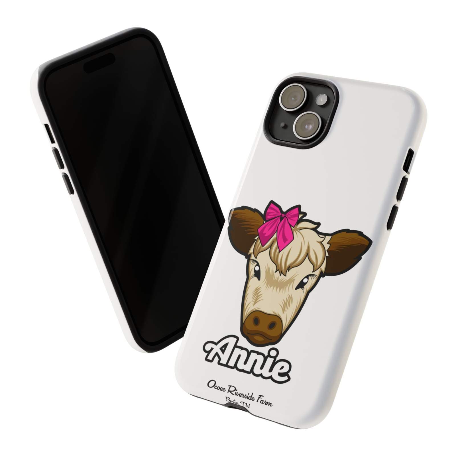 Cute cow phone case with red bow, ideal farm animal lover gift.