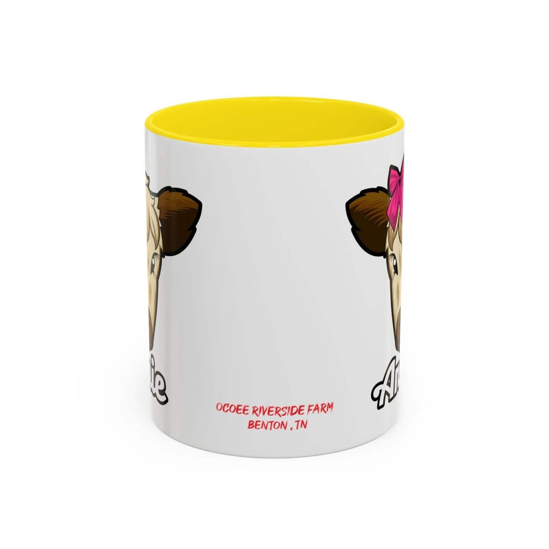 Farmhouse cow coffee mug with red bow design, yellow interior, and Ocoee Riverside branding.