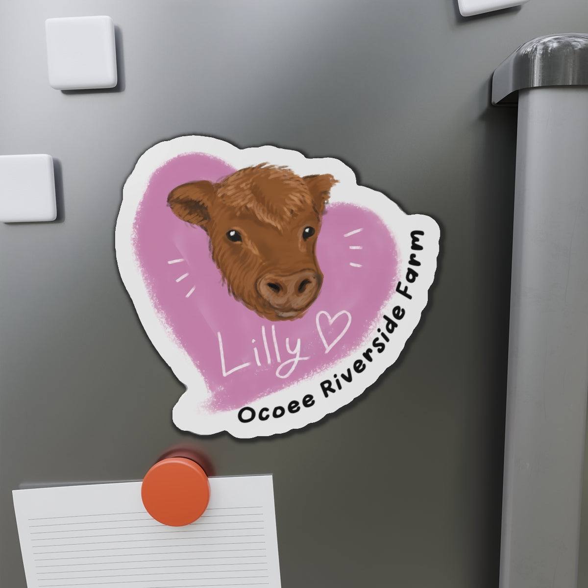 Farm Animal Die-Cut Magnet featuring an adorable cow illustration with a pink heart background, perfect for home or office decor.