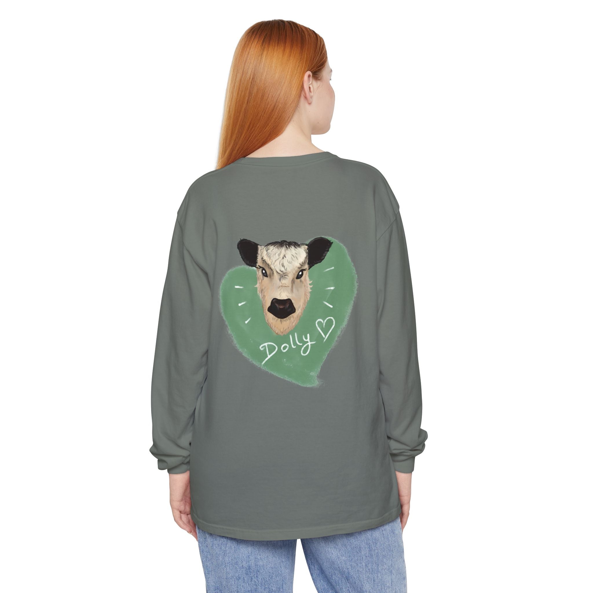 Unisex Garment-Dyed Long Sleeve T-Shirt with Cow Design - Perfect for Animal Lovers