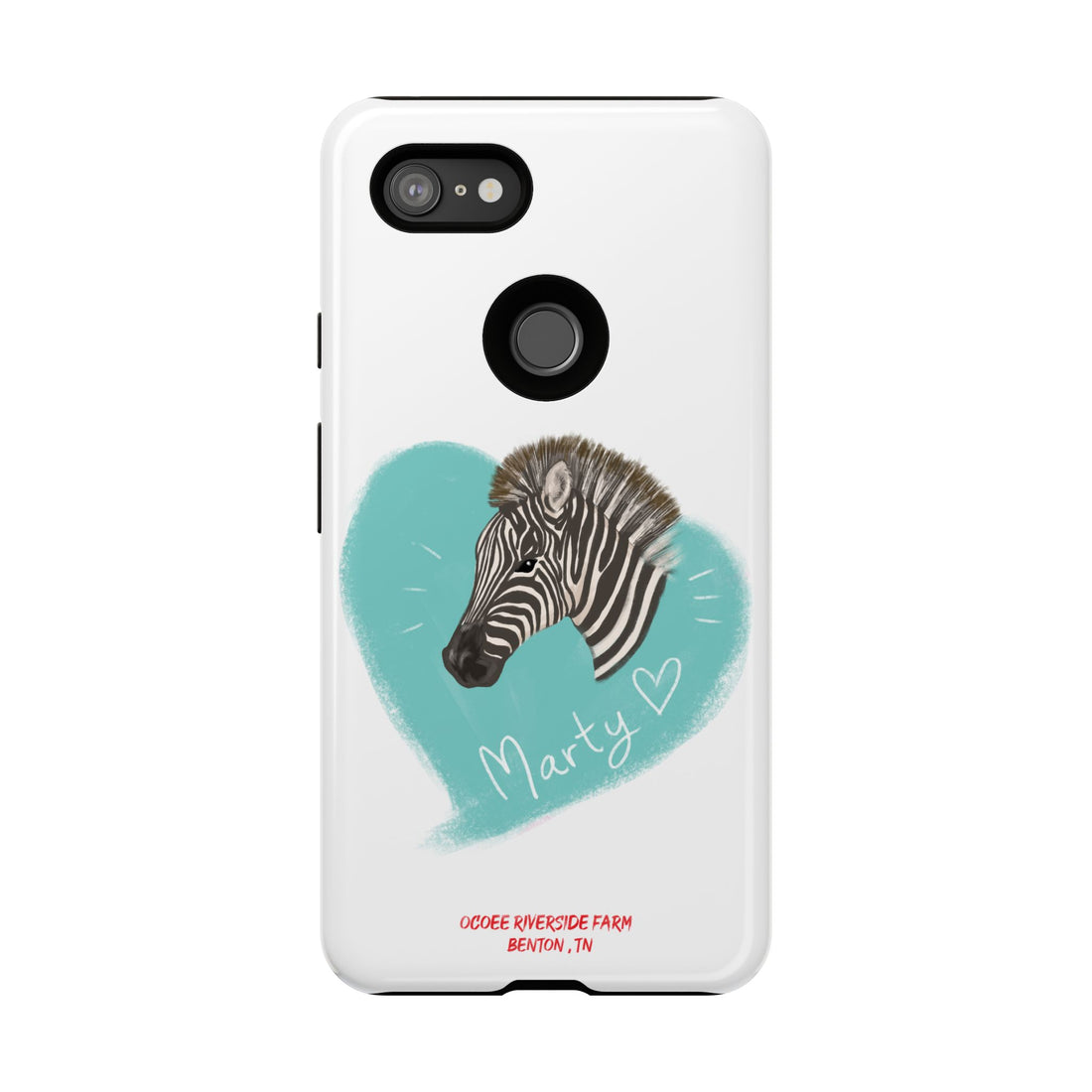 A zebra adorned with the word "Marty" creatively integrated into its stripes at Ocoee Riverside Farm Phone Case