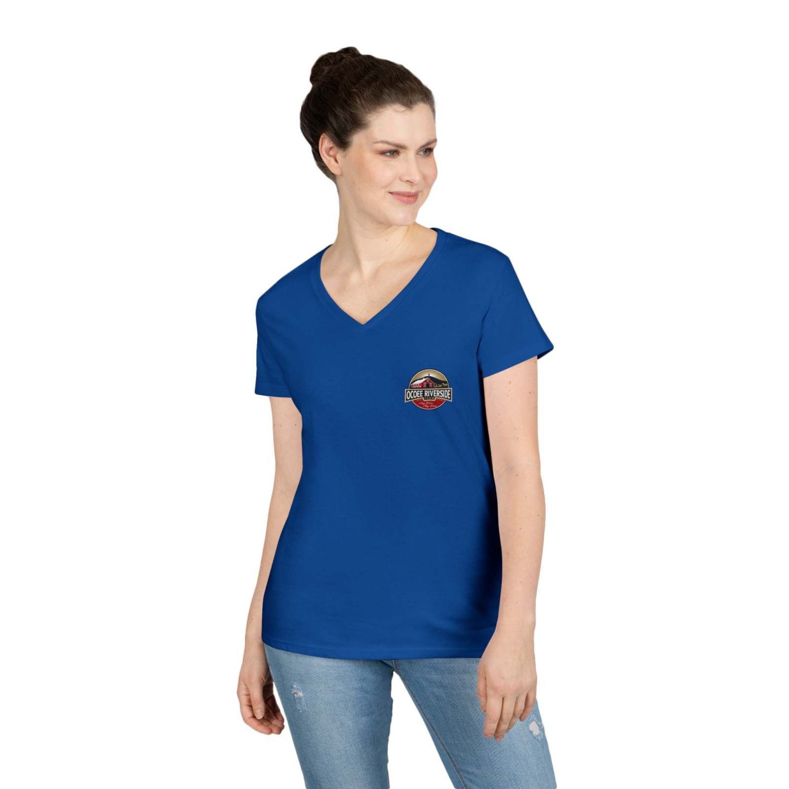 Woman wearing blue Spud Heart Women’s V-Neck Tee with Tennessee Farm Style logo and jeans