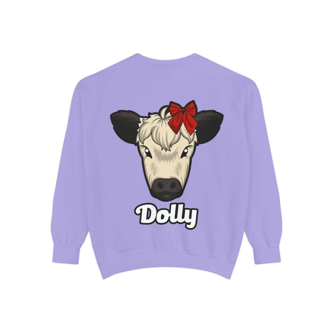 Farmhouse Cow Sweatshirt with Dolly the Red Bow Cow print, cozy and stylish.