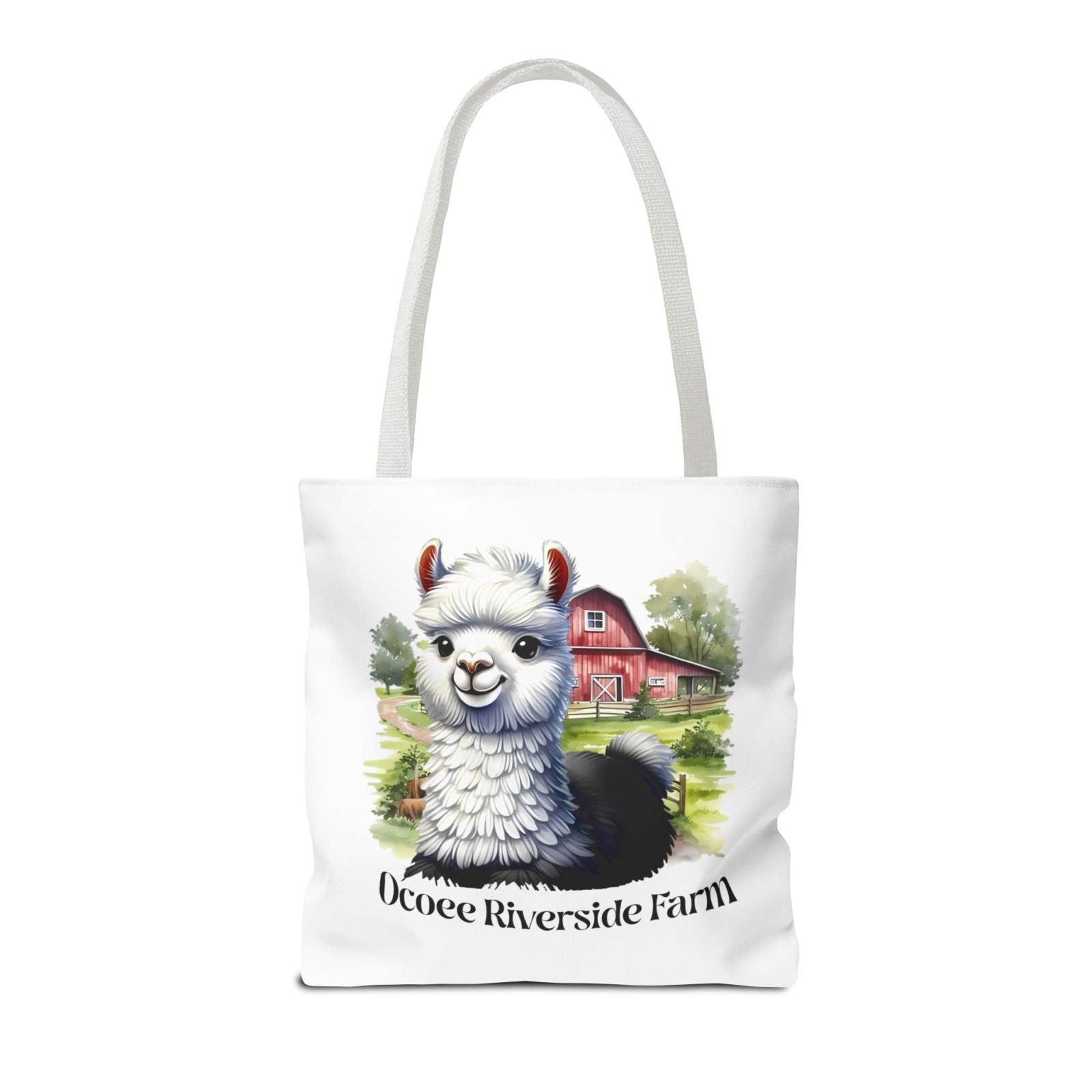 White eco-friendly Alpaca Tote Bag from Ocoee Riverside Farm with alpaca and barn illustration