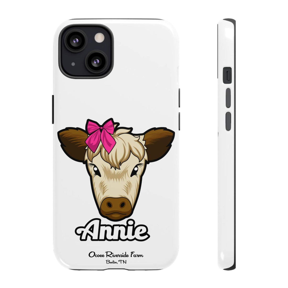Cow phone case with cute farmhouse design featuring Annie the Cow with a red bow, perfect farm animal lover gift.