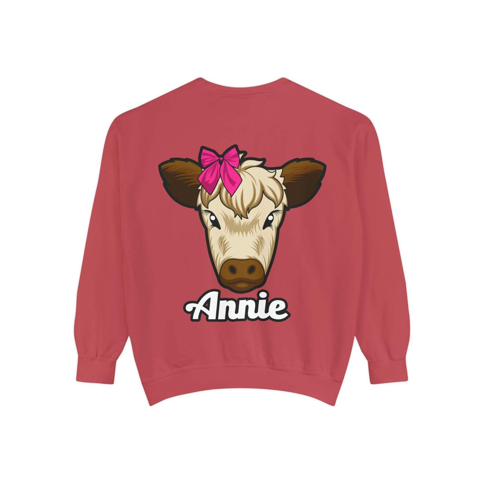 Cute farm animal sweatshirt featuring Annie the Cow with a red bow, perfect for countryside lovers.