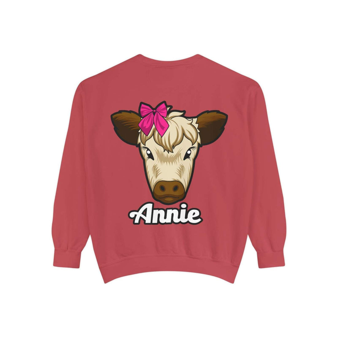 Cute farm animal sweatshirt featuring Annie the Cow with a red bow, perfect for countryside lovers.