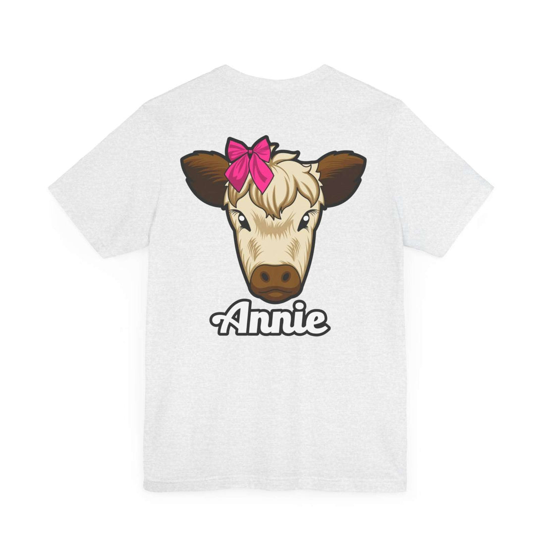 Farm Life T-Shirt featuring Annie the Cow with a red bow, perfect for country living enthusiasts.