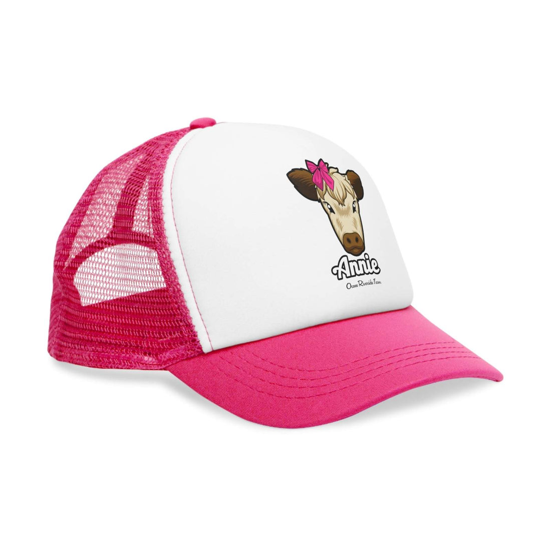Farmhouse trucker cap with cow design and pink mesh back.