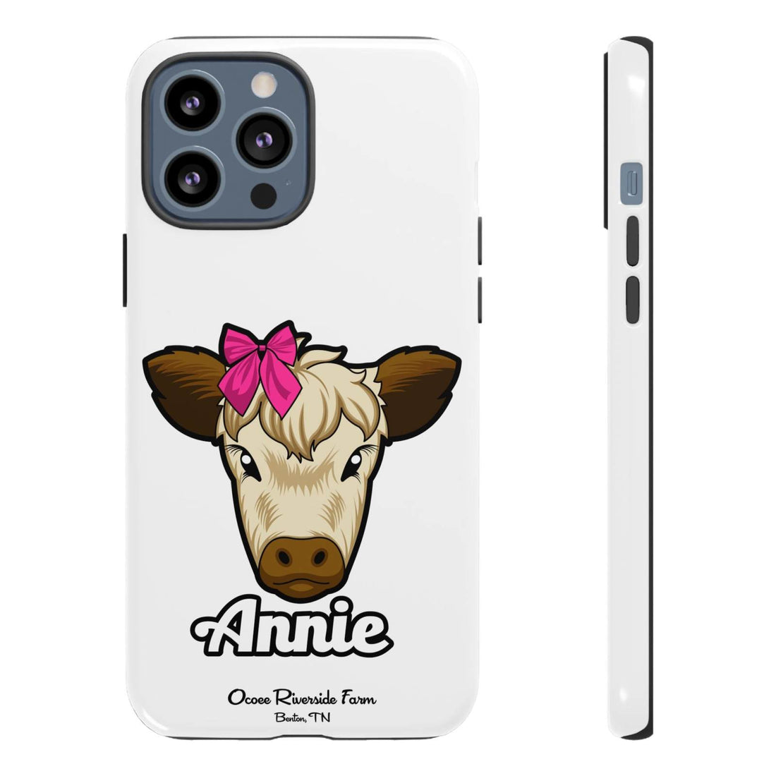Annie the Cow phone case with red bow, cute farmhouse design for farm animal lovers, Ocoee Riverside.