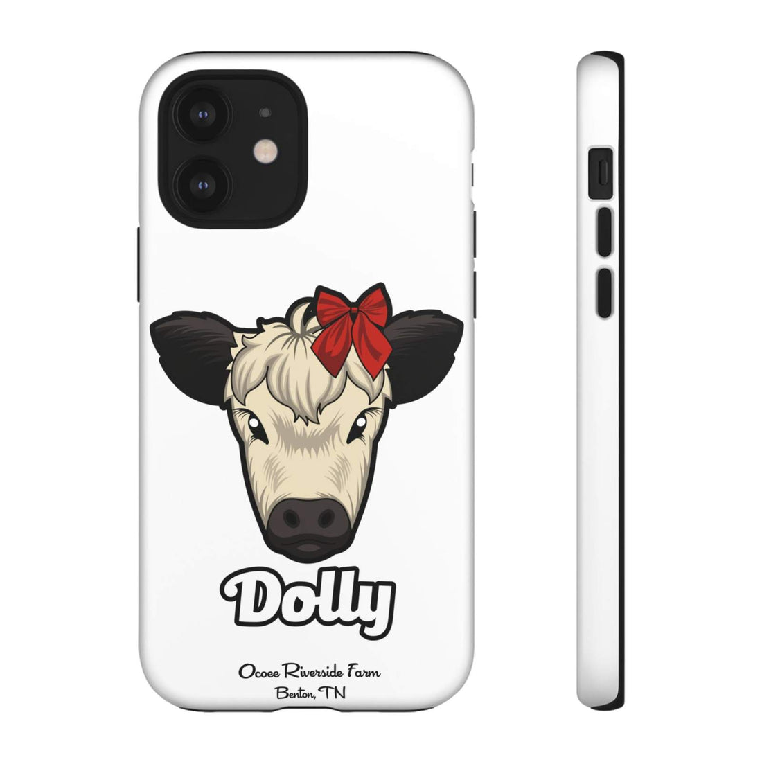 Farmhouse Chic Phone Case featuring Dolly the cow with a red bow, durable protective design with country-inspired artwork