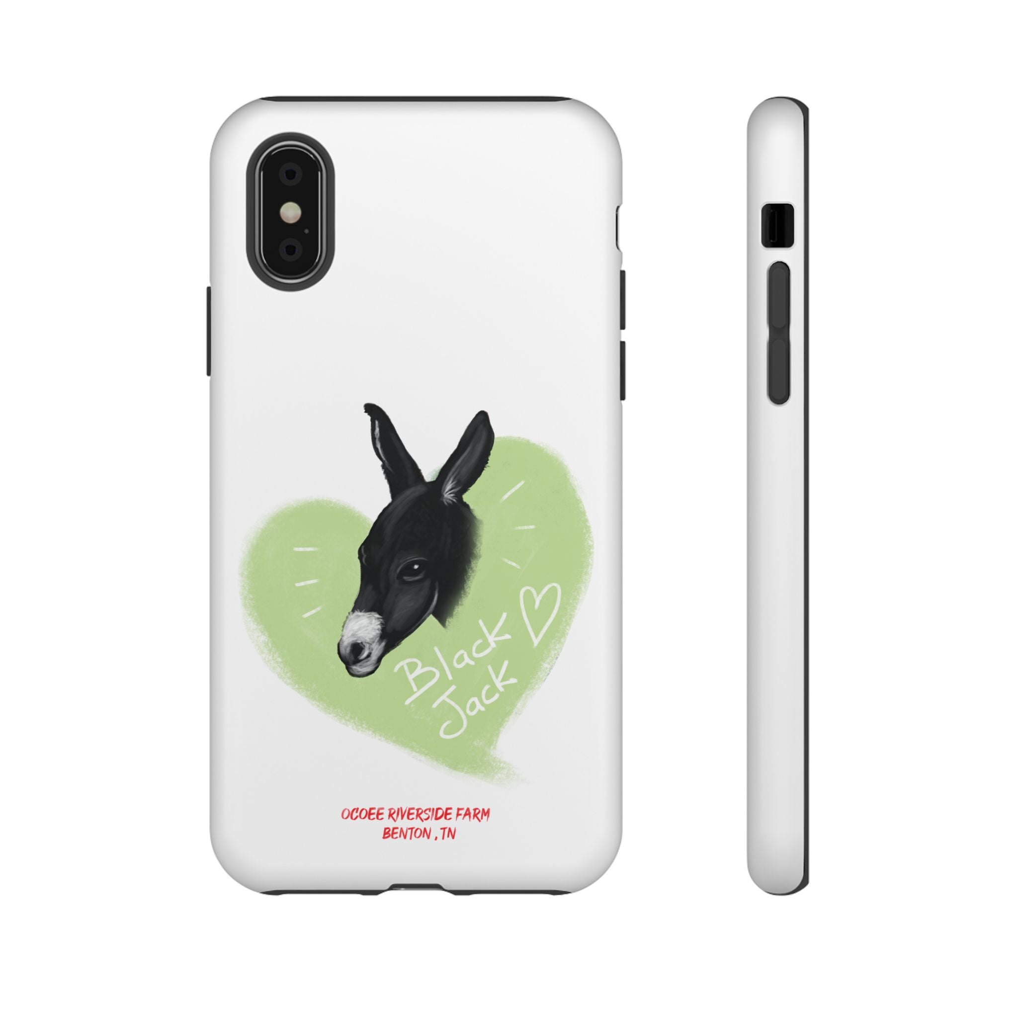 A donkey featuring the words "Black Jack" prominently displayed on its side at Ocoee Riverside Farm Phone Case