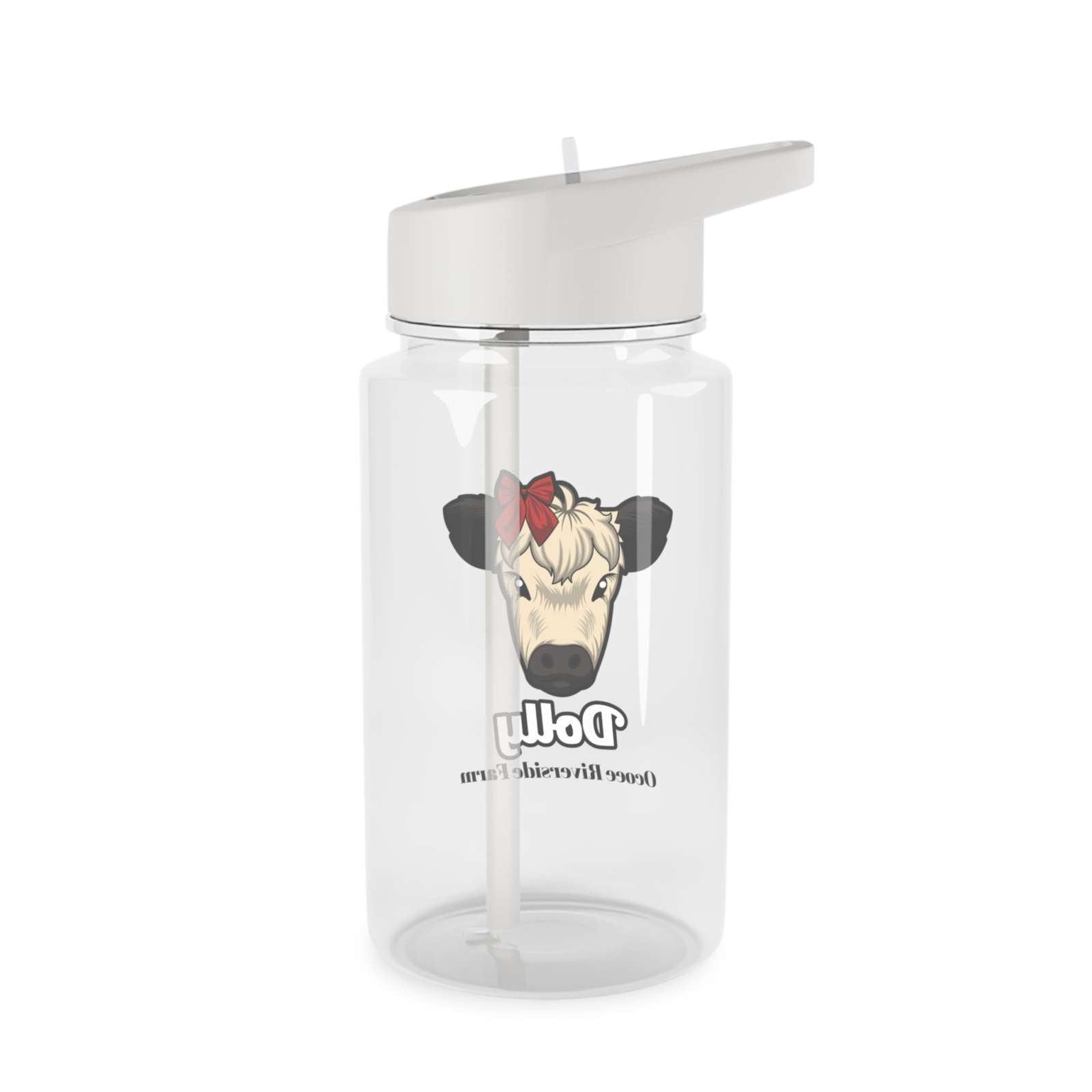 Clear cow print water bottle with white lid and straw, featuring a cute cow face design and spill-resistant cap.