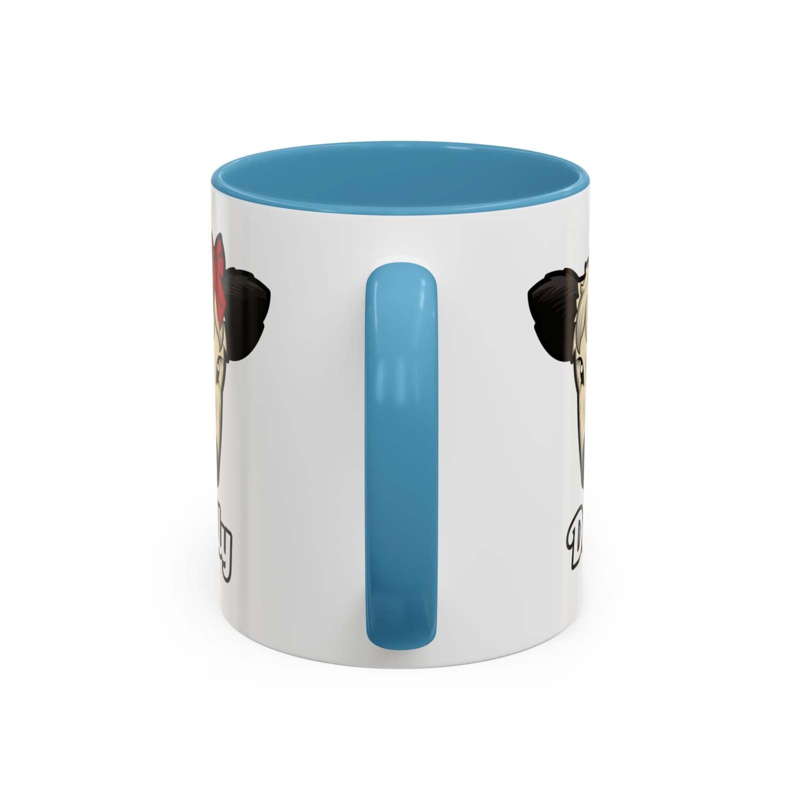 Farm Animal Coffee Mug with blue handle and interior featuring Dolly the cow with a red bow illustration