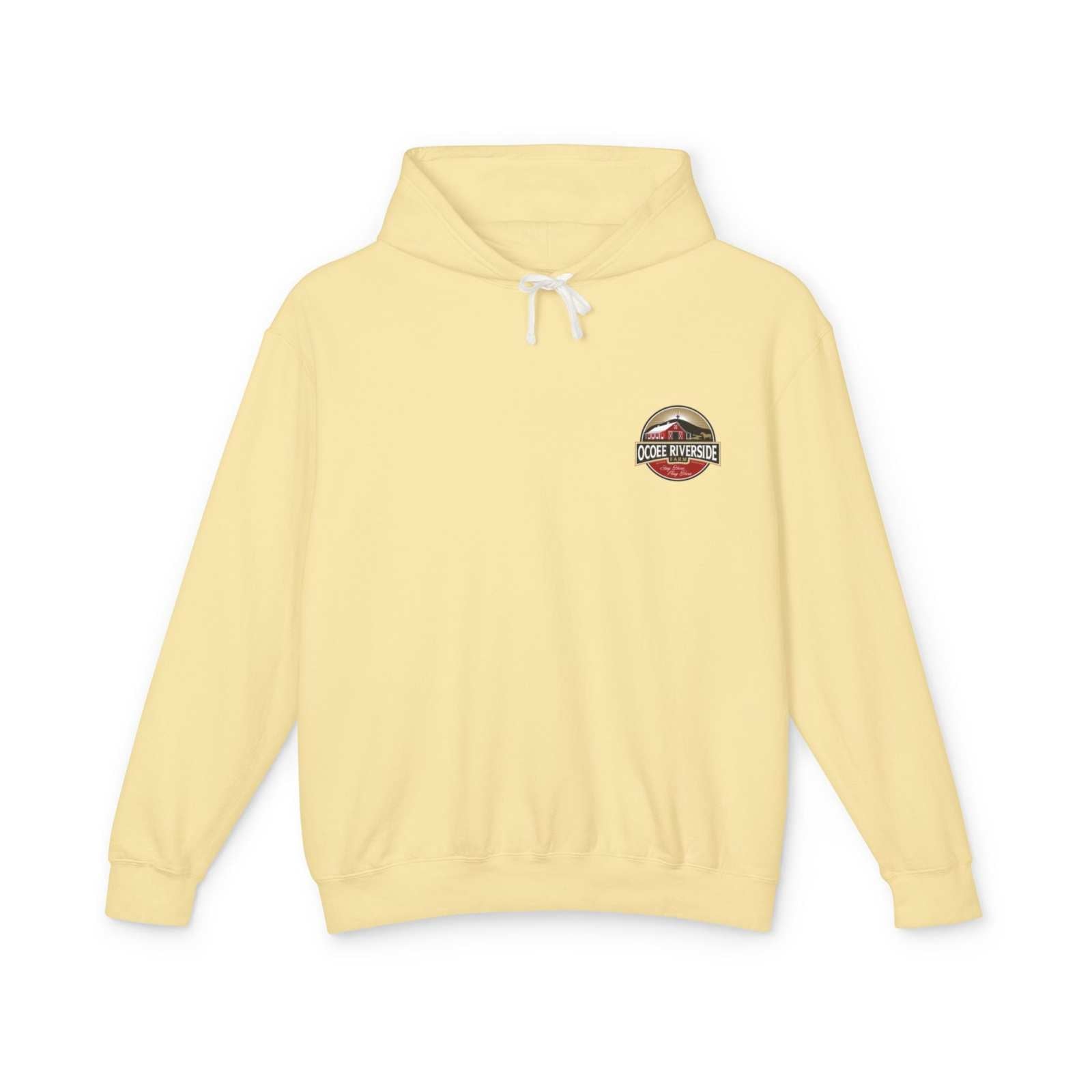 light yellow Cute Cow Lightweight Hoodie with Ocoee Riverside Farm logo, cozy unisex sweatshirt made of soft cotton