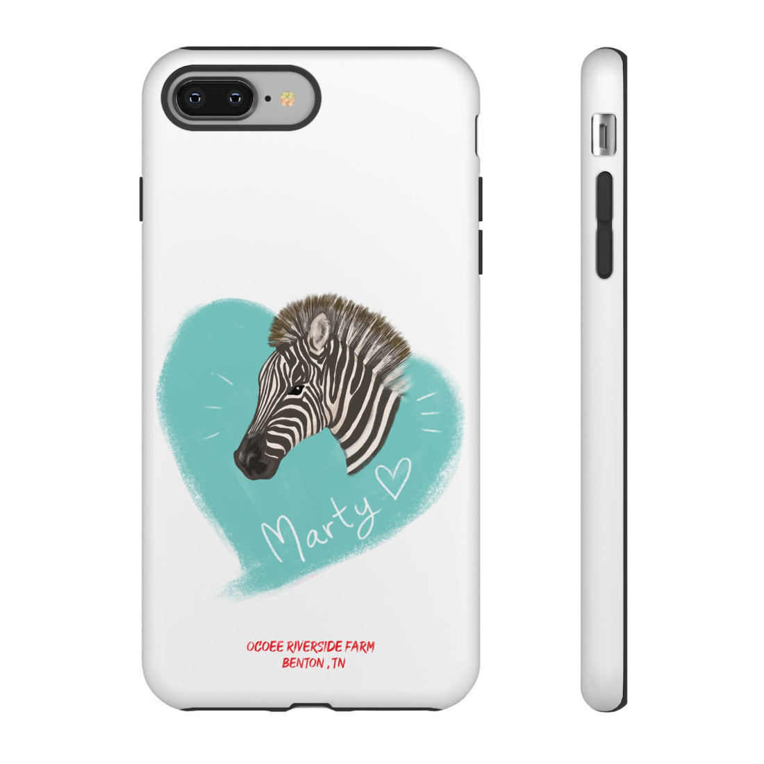 A zebra adorned with the word "Marty" creatively integrated into its stripes at Ocoee Riverside Farm Phone Case
