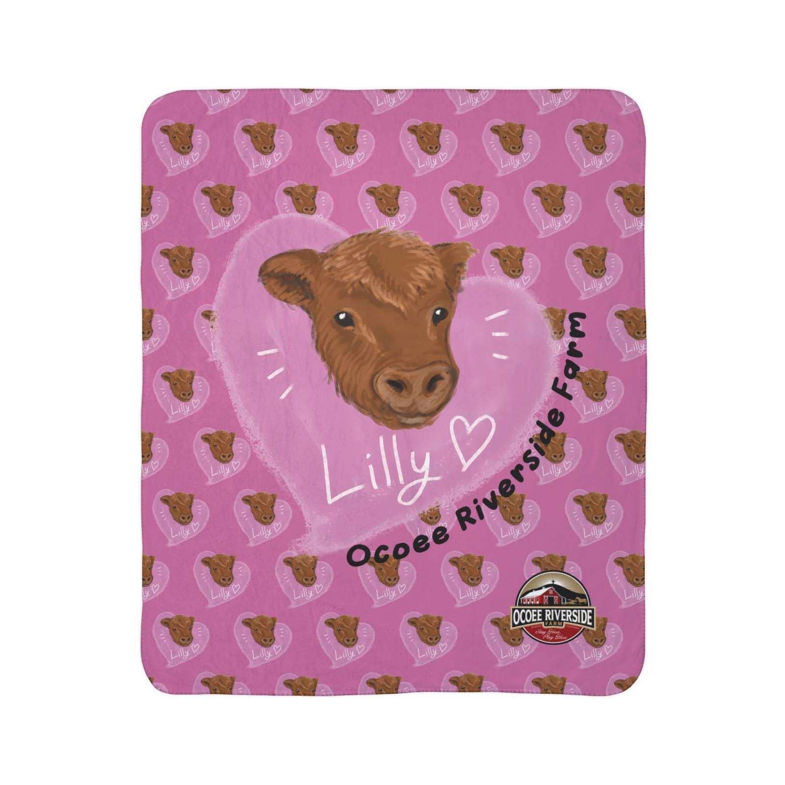 Pink Farm Animal Sherpa Blanket featuring a cute cow named Lilly with heart designs and Ocoee Riverside Farm logo